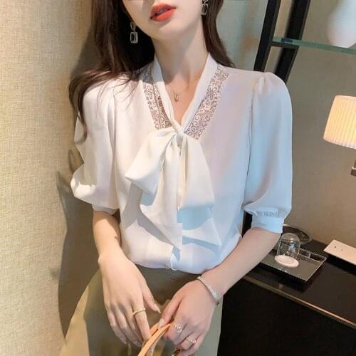 2021 Summer korean blouses femme lace patchwork lace up bow collar womens shirt haut femme elegant short sleeve blouse tops