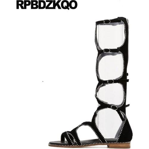 Strap up flat gladiator black shoes beaded roman designer sandals women luxury 2019 genuine leather high quality boots knee