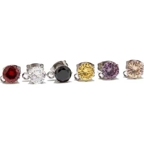 10pcs Stainless Steel Earring Posts with loop 6mm Clear Black Red Purple Pink Zircon Stone Earrings Base Findings Components