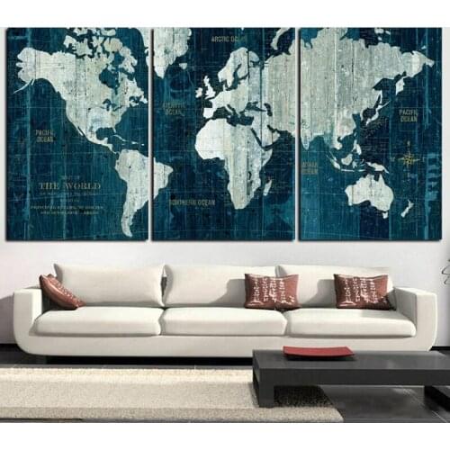 3Panel Retro World Map Painting HD Print on Canvas Classic Pacifc Modular Wall Painting Sofa Cuadros Art Picture For Living Room
