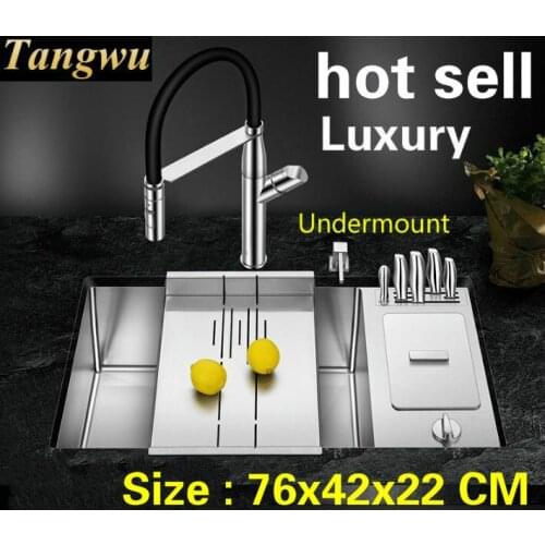 Free shipping Apartment luxury push button drainer big kitchen manual sink single trough stainless steel hot sell 76x42 CM