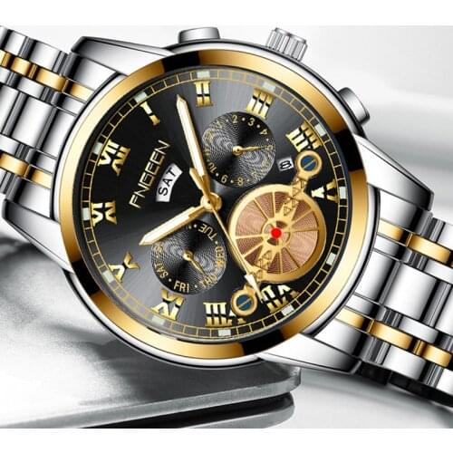 Watch Mens Tourbillon Steel Belt Quartz Watch Mens Fashion Waterproof Calendar Luminous Student Sports Multifunctional Watch