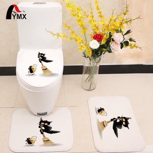 Funny Cat Pattern Toilet Seat Cover Flannel Fabric Toilet Case Cute Cats Bathroom Door Non-slip Mat For Home Decoration