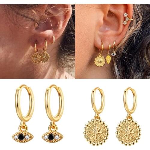 CRMYA Bohemian Gold Silver Plated Round Coin Evile Eye Earrings For Women Drop Gold Earings Party Cubic Zirconia Jewelry