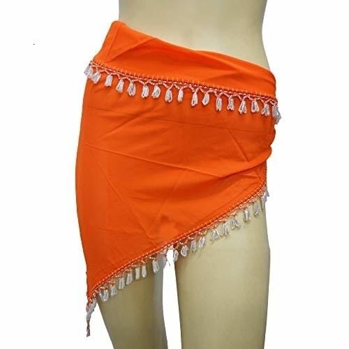 Danza del Vientre, pañuelo, Chal o Cubre Cabeza Naranja de Crep con Abalorios Plateados, Mide 145 cm x 85 x 85 cm Aprox