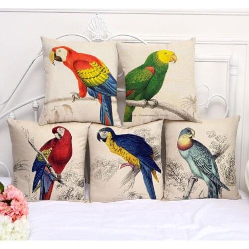 Decorative Pillow Cushion parrot Bird Case Pillowcase 17.5 Inch Cotton Linen Chair Seat Throw Pillow Cover A1060