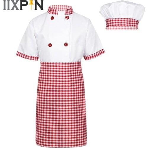 IIXPIN Kids Chef Uniform Outfit Kitchen Restaurant Clothing Jacket with Apron and Hat Set for Halloween Cosplay Party Costume
