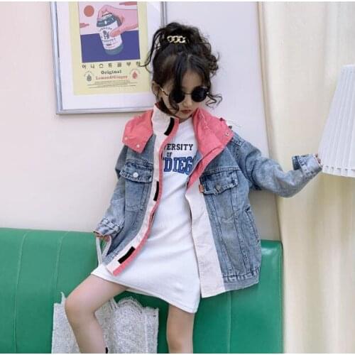 2020 Korean style girls denim patchwork coat full sleeve autumn girls hooded coat 3-9t F520