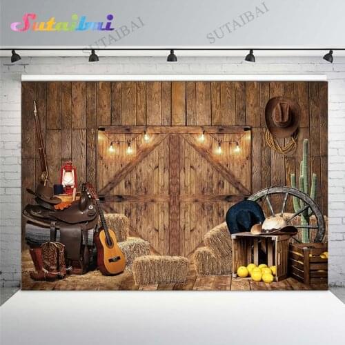Fall Farm Door Backdrop Rustic Warehouse Barnyard Photography Background for Western Cowboy Child Baby Birthday Party Decoration