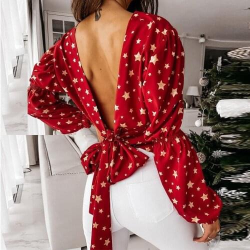 Womens Lovely Star Print V Neck Bow Lace Up T Shirt 2021 Spring New Style Chic Backless Full Sleeve Pullover Female Casual Tops