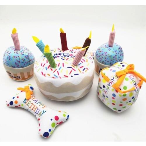 Pet Dog Toys Funny Durability Plush Dog Toys Squeak Chew Sound Toy Pets Dog Cat Cake Shape Dog Toy Happy Birthday Resistant Gift