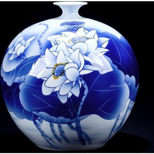 Chinese Jingdezhen Porcelain Blue And White Porcelain Lotus Pattern Pomegranate Vase Ornaments Home Living Room Porcelains Gifts