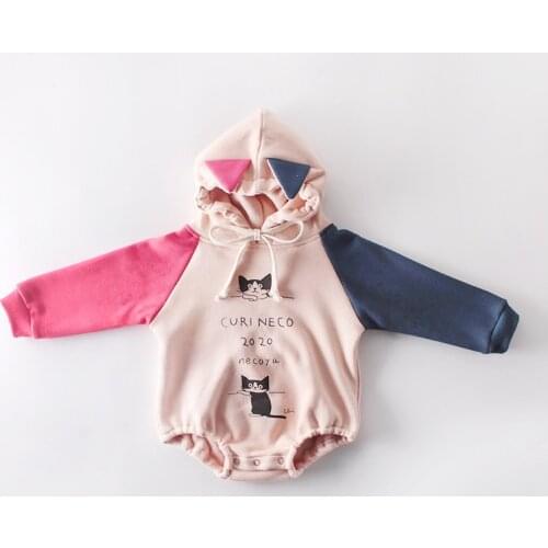 Autumn Winter Baby BoysGirls Contrasting Color Cat Printing Long-Sleeved Hooded Suit Crawling Clothes Baby Romper Plus Velvet