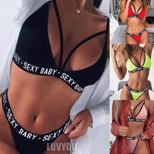 2021 New Womens Sexy Sports Underwear Set Girl Sexy Bandage Corset Letter Push Up Bra+Thongs Panties Lingerie Summer Style