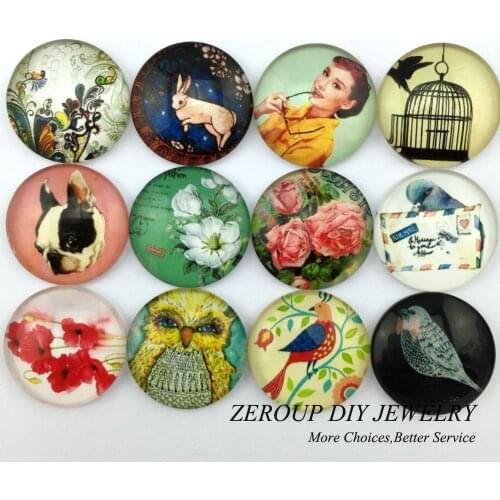 ZEROUP 12mm 20mm Round Photo Glass Cabochon Mixed Pattern Fit Cameo Base Setting for Jewelry Flatback BCH399