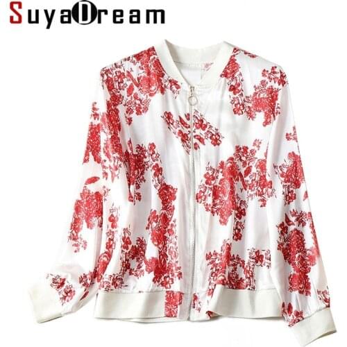 SuyaDream Women Silk Jackets 95%Silk 5%Spandex Zipper White Printed Stand Collar Jacket 2021 Spring Autumn Sweatshirts