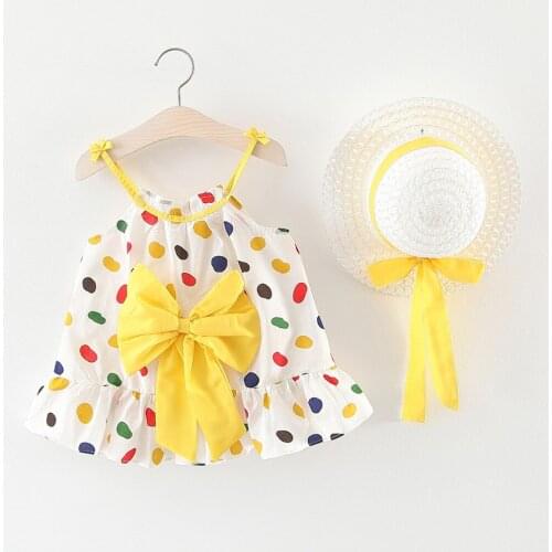 Cute Toddler Baby Dress Kids Girls Sleeveless Strap Dot Ruched Bow Colorful Dot Print Princess Dress+hat Sweet Infant Dresses