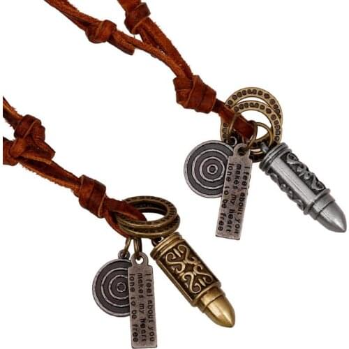 Punk Hiphop Fashion MEN Necklace Alloy Rock Bullet Pendants Leather Choker Handmade Statement Long Sweater Chain Vintage Jewelry