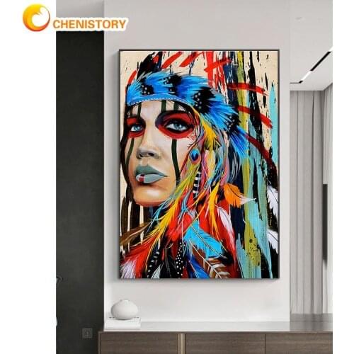 CHENISTORY 5D DIY Diamond Painting Kit Portrait Diamond Embroidery Cross Stitch Ancient Indian Woman Rhinestones Mosaic Decor