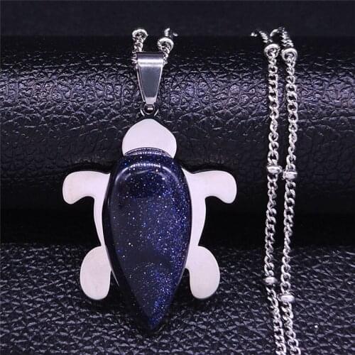 Bohemia Sea Turtle Stainless Steel Natural Stone Charm Necklace Women Silver Color Jewelry cadenas de acero inoxidab N4330S04