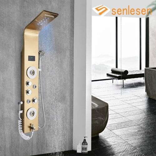 SENLESEN Bathroom Golden Shower Column Panel Wall Mount Digital Temperature Screen led light Shower Faucet System Massage Jet