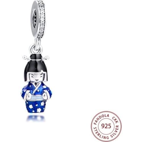 Fits Pandora Charm Bracelet 925 Sterling Silver Japanese Doll in Blue Kimono Dangle Charms Beads DIY Jewelry Making 2020 New