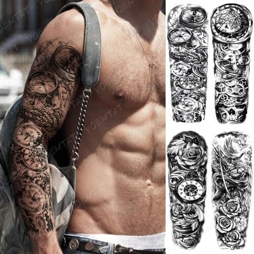 Waterproof Temporary Large Arm Sleeve Tattoo Stickers Clock Compass Gear Rose Flash Tattoos Male Arm Body Art Fake Tatto Women