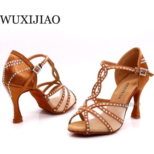 WUXIJIAOLatin dance shoes womens dinner dance shoes bronze skin black satin mesh shiny rhinestones salsa shoes high heels 9 cm