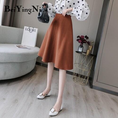 Beiyingni A Line Midi Skirt Women Elegant Korean Style Retro Plain Work Wear OL Office Ladies Skirts Black Chic Fashion Jupes