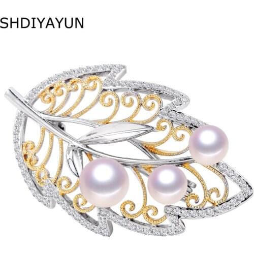 SHDIYAYUN New Big Sale Pearl Brooch For Women Leaf Brooches Pins Natural Freshwater Pearl Fine Jewelry Italian Technology Gift