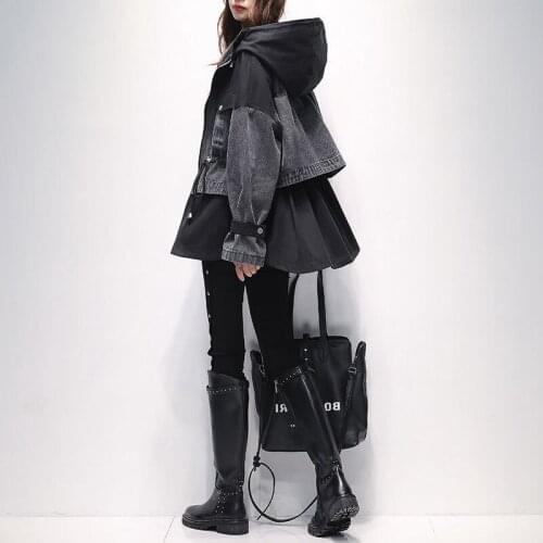 Plus Size Womens Mid-length Trench Coat Womens Autumn Novel New Fat Sister Waist Slimming Stitching Denim Jacket