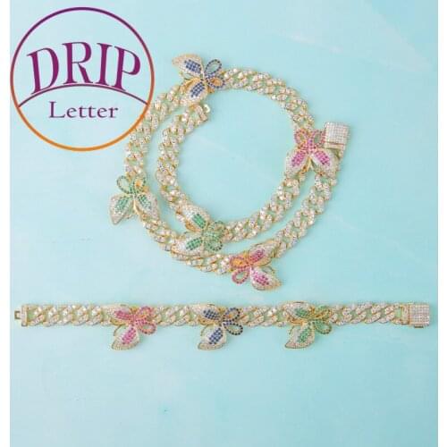 10MM Colorful Butterfly Necklace Bracelet Jewelry Sets Hip Hop Women