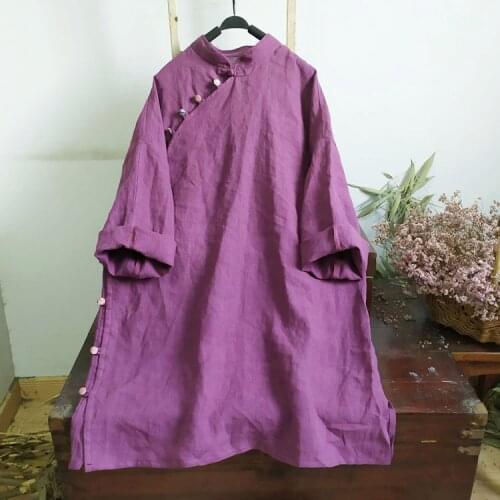 Women Spring Summer Retro Linen Dress Ladies Stand Collar Chinese Style Loose Dress Female VIntage Flax Dress 2021