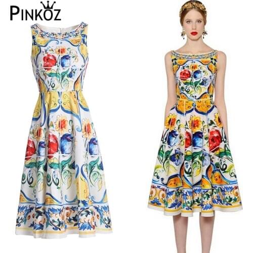 Pinkoz runway designer celebrity style sleeveless summer knee length dress elegant floral printed vintage party robe de mujer