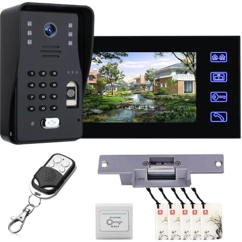 7 inch Fingerprint RFID Video Door Phone Intercom Doorbell Kits with NO Electric Strike Lock+Wireless Remote Control RFID Unlock