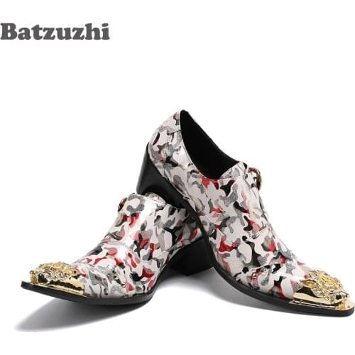 Batzuzhi MenS Shoes 6.5cm High Heel Pointed Metal Tip Color Genuine Leather Dress Shoes Lace-up Zapatos Hombre Party Shoes Male