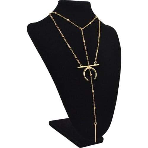 New Double Layer Gold color Tassel Chain Alloy Moon Bar Horn Pendant Necklace for Women Party Fashion Necklaces Jewelry
