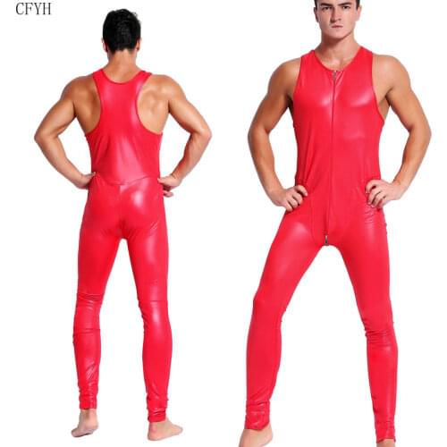 Faux Leather Sleeveless Wet Look Catsuit for Men Stretch Slim Zentai Jumpsuit Bodysuit Leotard Male Sexy Lingerie Black Red