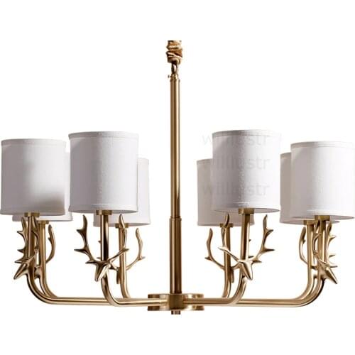 Willlustr antler copper pendant lamp fabric shade Chandelier suspension lighting american country bronze brass hanging light