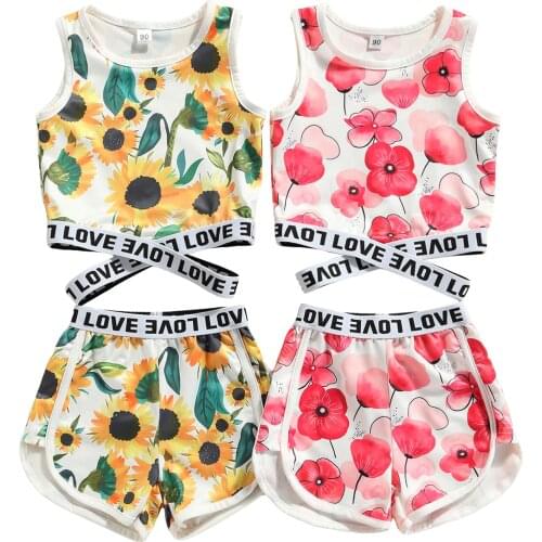 New 2 Pcs Toddler Summer Outfits, Girls Flower Letter Print Round Neck Cross Cutout Tank Tops + Shorts