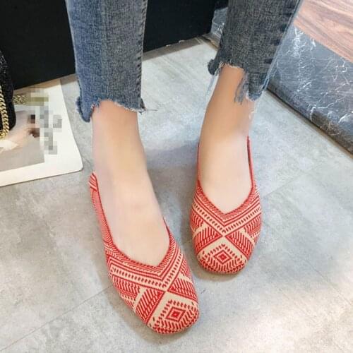 Hot Plus Size Spring New Ballet Flats Women Square Toe Knit Fabric Loafers Breathable Flat Heel Drive Shoes Driving Sneaker