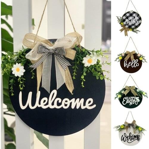 Door Welcome Wreath Hanging Ornament Round Wooden Pendant Hello Door Decor Sign Artificial Flower Garland Home DIY Decoration