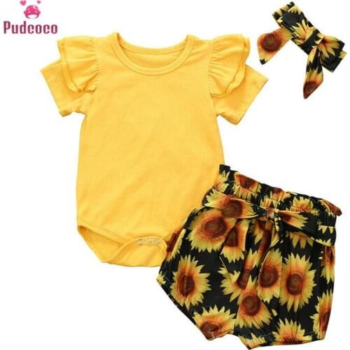 Pudcoco 2020 Summer Toddler Baby Girl Clothes Sets Yellow Tops + Sunflower Shorts 3Pcs Outfits Cotton Clothing 6-24M