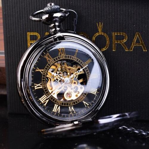 Retro Black Steampunk Skeleton Hand Wind Mechanical Pocket Watch Roman Men Antique Luxury Fob Watches Long Chain Clip Male Clock