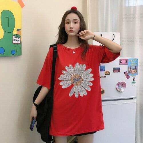 Loose Large size 3XL Pure cotton Hot drilling daidy flower T-shirts women short sleeve summer Korean version Tees Tops 2020