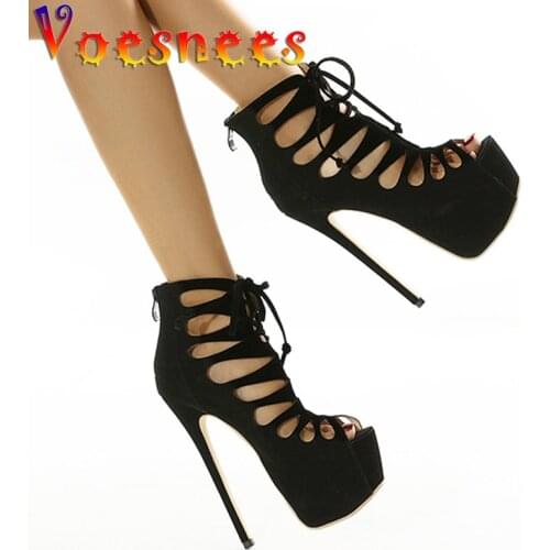 Voesnees Women Sandals 2021 Summer New black Platform Cross-Tied High Heels 16cm Peep Toe Thin Heels Female Model Catwalk Shoes