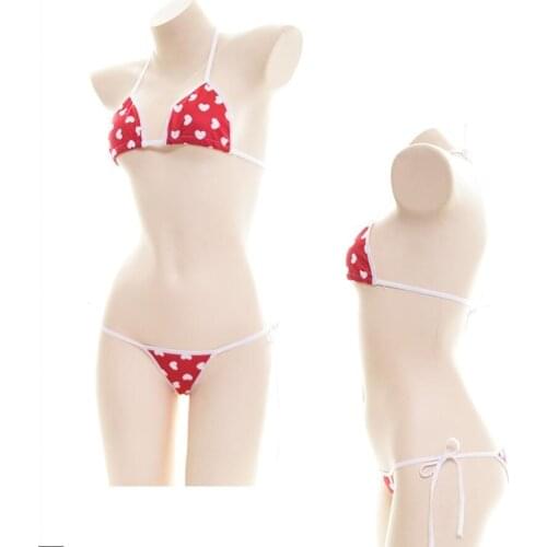 Japanese Sexy Lingerie Lolita Kawaii Small love Heart Print Mini Bikini Adult Cosplay Erotic Costumes Bra Women Underwear Set