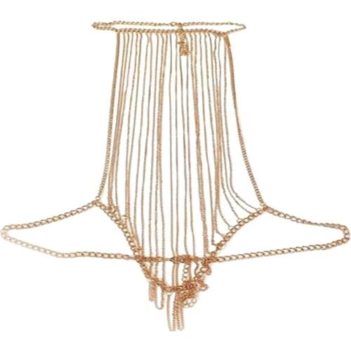 Women Body Full Metal Chain Gold Color JEWELRY Necklace Bikini Belly Harness
