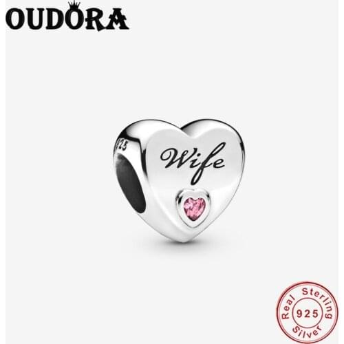 Authentic Pink Heart & Wife Charms Fit Charms Bracelet Real 925 Sterling Silver Original Jewelry Women Berloque Valentines Day