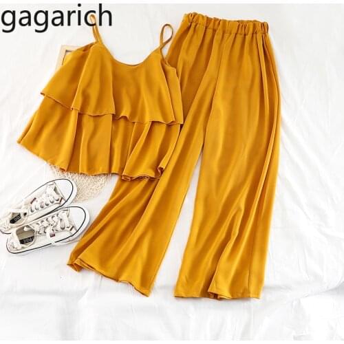 Gagarich Women Suits Summer New Loose Strap Tops Elastic Waist Wide Leg Ankle Length Pants Casual Chiffon Two Pieces Sets
